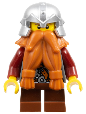 Fantasy Era - Dwarf, Dark Orange Beard, Metallic Silver Helmet with Studded Bands, Dark Red Arms