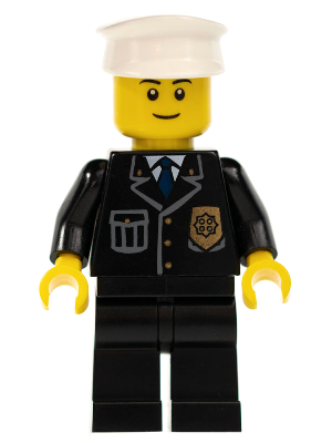 Police - City Suit with Blue Tie and Badge, Black Legs, White Hat, Black Eyebrows, Thin Grin