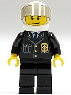 Police - City Suit with Blue Tie and Badge, Black Legs, White Helmet, Trans-Brown Visor, Scowl