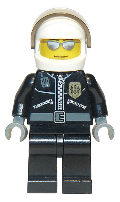 Police - City Leather Jacket with Gold Badge and 'POLICE' on Back, White Helmet, Trans-Brown Visor, Silver Sunglasses