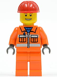 Construction Worker - Orange Zipper, Safety Stripes, Orange Arms, Orange Legs, Red Construction Helmet, Eyebrows, Thin Grin with Teeth