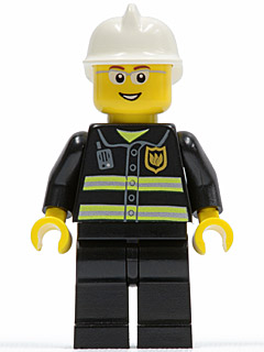 Fire - Reflective Stripes, Black Legs, White Fire Helmet, Glasses, Open Mouth Smile