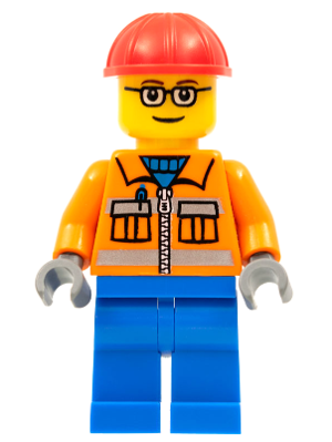 Construction Worker - Orange Zipper, Safety Stripes, Orange Arms, Blue Legs, Red Construction Helmet, Brown Eyebrows, Glasses