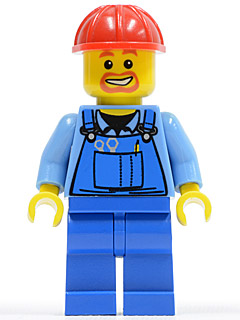 Overalls with Tools in Pocket Blue, Red Construction Helmet, Beard Around Mouth