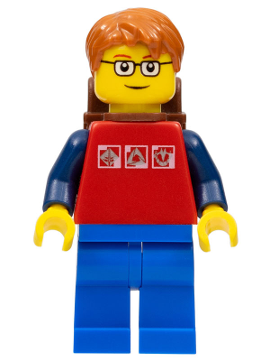 Red Shirt with 3 Silver Logos, Dark Blue Arms, Blue Legs, Dark Orange Short Tousled Hair, Red Eyebrows, Backpack