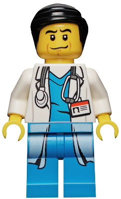 Doctor - Long Lab Coat over Dark Azure Shirt, Stethoscope, Black Smooth Hair