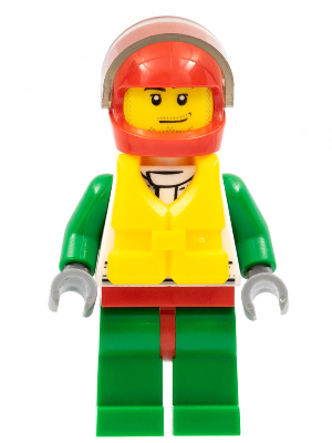 Octan - Jacket with Red and Green Stripe, Red Hips and Green Legs, Red Helmet, Trans-Brown Visor, Smirk and Stubble Beard, Life Jacket Center Buckle