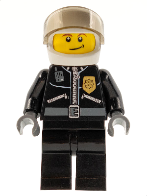 Police - City Leather Jacket with Gold Badge and 'POLICE' on Back, White Helmet, Trans-Brown Visor, Crooked Smile