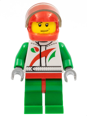 Race Car Driver, White Racing Suit with Octan Logo, Red Helmet with Trans-Brown Visor, Smirk and Stubble Beard