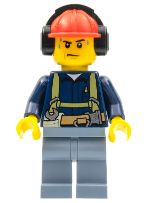 Construction Worker - Male, Shirt with Harness and Wrench, Sand Blue Legs, Red Construction Helmet with Black Ear Protectors / Headphones, Sweat Drops