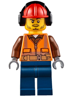 Fire - Male, Orange Safety Vest, Reflective Stripes, Reddish Brown Shirt, Dark Blue Legs, Red Construction Helmet with Black Ear Protectors / Headphones, Stubble
