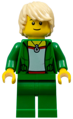Saxophone Player - Female, Green Jacket with Necklace, Green Legs, Tan Hair Tousled with Side Part, Black Eyebrows