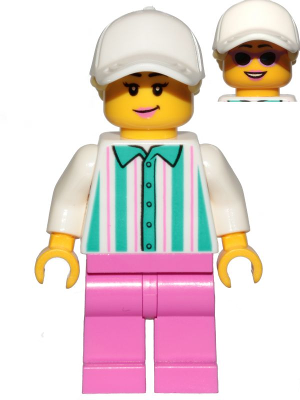 Ice Cream Vendor - Female, White Shirt with Dark Turquoise Stripes, Dark Pink Legs, White Cap with Bright Light Yellow Ponytail Hair, Sunglasses