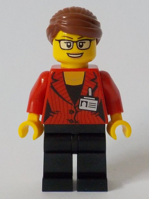 Reporter - Female, Red Suit Jacket with ID Badge, Black Legs, Reddish Brown Hair Swept Back into Bun, Glasses