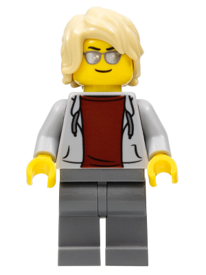 Sports Car Driver, Light Bluish Gray Hoodie with Dark Red Shirt, Tan Hair Swept Back Tousled