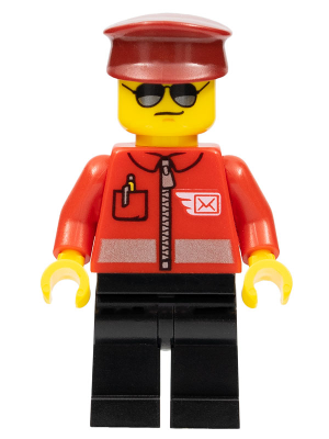 Post Office - Airmail Letter Logo and Red Jacket with Zipper, Dark Red Hat, Black Legs, Sunglasses