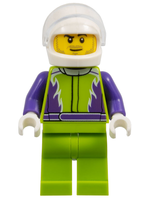 Monster Truck Driver, Lime Legs and Jacket with Purple Flames and Arms, White Helmet