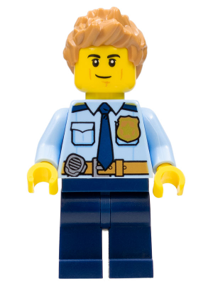 Police - City Officer Shirt with Dark Blue Tie and Gold Badge, Dark Tan Belt with Radio, Dark Blue Legs, Medium Nougat Spiked Hair