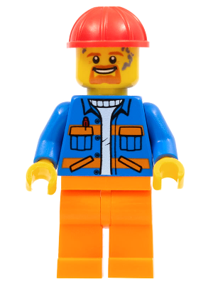 Blue Jacket with Diagonal Lower Pockets and Orange Stripes, Orange Legs, Red Construction Helmet