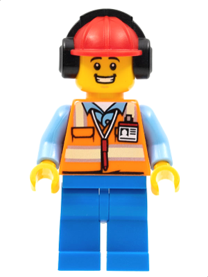 Ground Crew - Male, Orange Safety Vest with Reflective Stripes, Blue Legs, Red Construction Helmet with Black Ear Protectors / Headphones