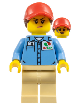 Ground Crew - Female, Medium Blue Shirt with 'Octan' Logo, Tan Legs, Red Ball Cap with Reddish Brown Ponytail