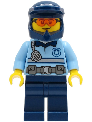 Police - City Officer Bright Light Blue Shirt with Silver Stripe, Badge, and Radio, Dark Blue Legs, Dark Blue Dirt Bike Helmet, Safety Glasses