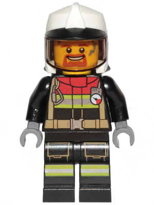 Fire - Male, Black Jacket and Legs with Reflective Stripes and Red Collar, White Fire Helmet, Trans-Brown Visor, Dark Orange Goatee