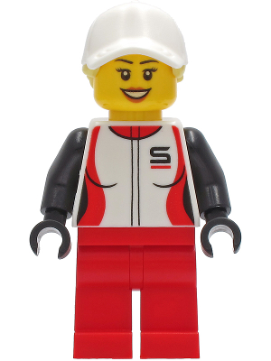 Woman - Red and White Racing Jacket, Red Legs, White Cap with Bright Light Yellow Ponytail Hair