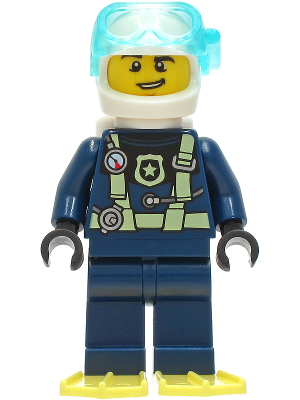Police - City Officer Dark Blue Diving Suit with Bright Light Yellow Harness, White Helmet, White Air Tanks, Bright Light Yellow Flippers