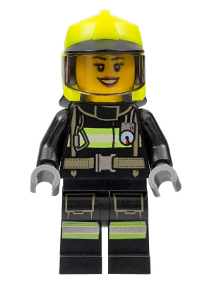 Fire - Female, Black Jacket and Legs with Reflective Stripes, Neon Yellow Fire Helmet, Trans-Brown Visor