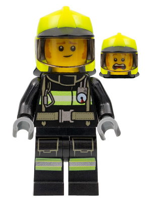 Fire - Fireman Clemmons, Reflective Stripes with Utility Belt, Black Legs, Neon Yellow Fire Helmet, Trans-Brown Visor, Sideburns
