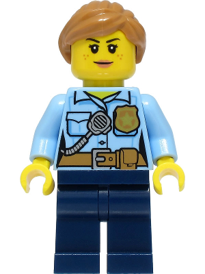 Police - City Officer Female, Bright Light Blue Shirt with Badge and Radio, Dark Blue Legs, Medium Nougat Hair