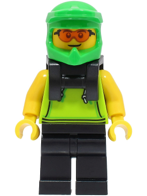 Food Delivery Cyclist - Male, Lime Hoodie, Black Legs, Bright Green Helmet, Neck Bracket, Safety Glasses