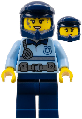 Police - City Officer Female Bright Light Blue Shirt with Silver Stripe, Badge, and Radio, Dark Blue Legs, Dark Blue Dirt Bike Helmet, Splotches