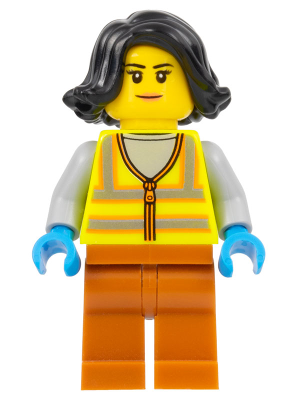 Recycling Worker - Female, Neon Yellow Safety Vest, Dark Orange Legs, Black Hair