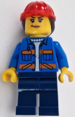 Construction Worker - Female, Blue Jacket with Diagonal Lower Pockets and Orange Stripes, Dark Blue Legs, Red Construction Helmet with Dark Brown Ponytail Hair