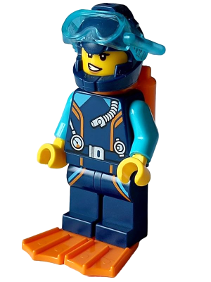 Arctic Explorer Diver - Female, Dark Blue Diving Suit and Helmet, Orange Air Tanks and Flippers, Trans-Light Blue Diver Mask