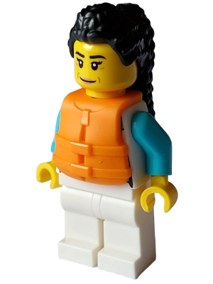 Arctic Explorer - Female, White Jacket over Medium Azure Shirt, White Legs, Black Hair, Orange Life Jacket