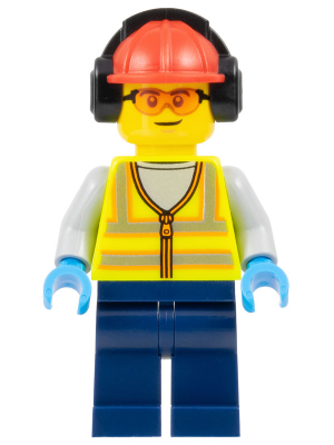 Airport Worker - Male, Neon Yellow Safety Vest, Dark Blue Legs, Red Construction Helmet with Black Ear Protectors / Headphones, Safety Glasses