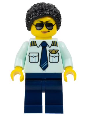 Passenger Plane Pilot - Female, Light Aqua Uniform Shirt with Tie, Dark Blue Legs, Black Braided Hair with Knot Bun, Sunglasses
