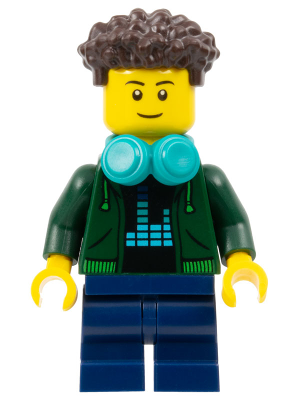 Video Game Player - Male, Dark Green Hoodie, Dark Blue Medium Legs, Dark Brown Coiled Hair, Dark Turquoise Headphones