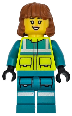Ambulance Driver - Female, Dark Turquoise and Neon Yellow Safety Vest, Legs with Silver Reflective Stripes, Dark Orange Mid Length Hair