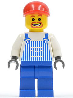Overalls Striped Blue with Pocket, Blue Legs, Red Short Bill Cap, Beard Around Mouth