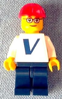Plain White Torso with Vestas Logo (Sticker) with White Arms, Dark Blue Legs, Red Construction Helmet, Glasses