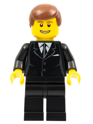 Suit Black, Reddish Brown Male Hair, Thin Grin with Teeth