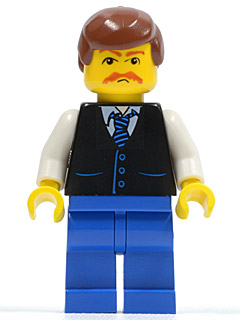 Black Vest with Blue Striped Tie, Blue Legs, White Arms, Reddish Brown Male Hair, Moustache