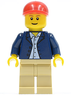 Dark Blue Jacket, Light Blue Shirt, Tan Legs, Red Short Bill Cap