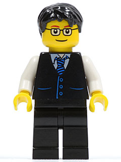 Black Vest with Blue Striped Tie, Black Legs, White Arms, Black Short Tousled Hair, Glasses