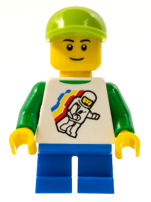 Classic Space Minifigure Floating Pattern, Blue Short Legs, Lime Short Bill Cap, Black Eyebrows
