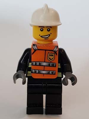 Reflective Stripes, Black Legs, White Fire Helmet, Smile, Orange Vest with Straps and Fire Logo and 'FIRE' Pattern (Stickers)